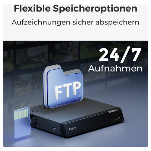 Flexible Speicheroptionen: Aufzeichnungen sicher abspeichern. Bild zeigt ein FTP-Symbol und ein Aufnahmegerät mit SD-Karte, beschriftet mit '24/7 Aufnahmen'.